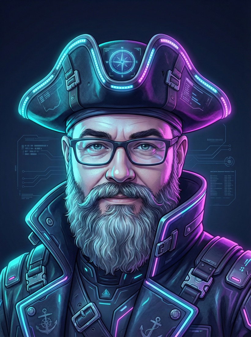 Captain Spurlin, a bearded captain in an LED-rigged tricorn hat, lit in cyan and magenta